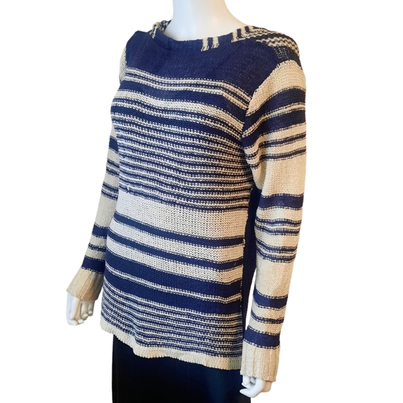 PRONTO Ribbon Knit Waterfall Front Convertible Striped Cardigan Sz M Navy/Ivory - Picture 6 of 8